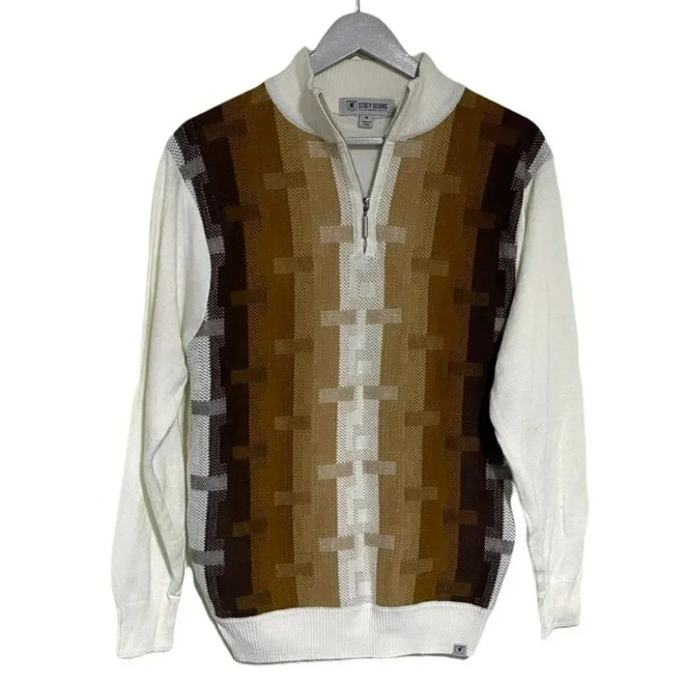 Stacy Adams Quarter Zip‎ Sweater Medium White Brown Geometric Knit Mock Neck